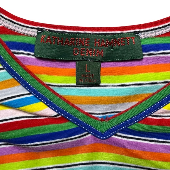 Katharine Hamnett Denim Vibrant Rainbow Striped V-Neck Short Sleeve T-Shirt sz L - Picture 6 of 8